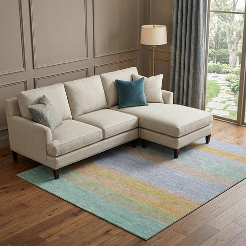 8' Lavender Orange And Teal Striped Washable Area Rug With UV Protection