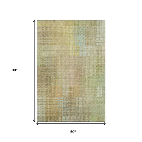 5' X 8' Beige Blue And Khaki Geometric Washable Area Rug With UV Protection