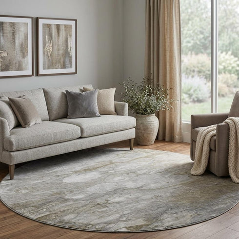8' X 8' Taupe Ivory And Gray Abstract Washable Round Rug With UV Protection