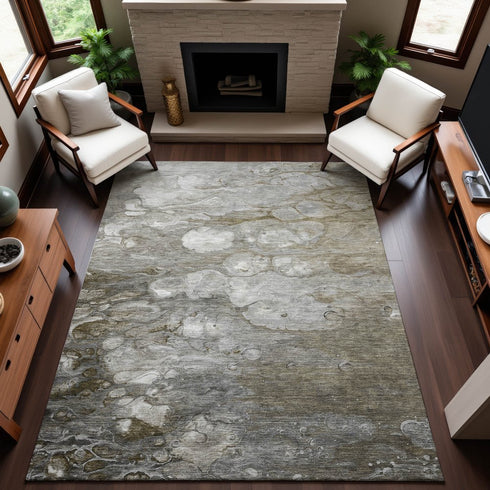 8' Taupe Ivory And Gray Abstract Washable Area Rug With UV Protection