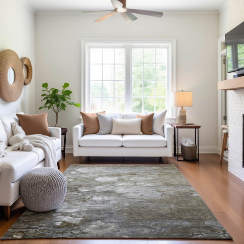 8' Taupe Ivory And Gray Abstract Washable Area Rug With UV Protection