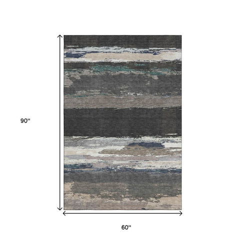 5' X 8' Black Beige And Blue Abstract Washable Area Rug With UV Protection