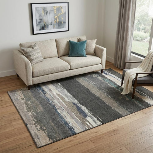 5' X 8' Black Beige And Blue Abstract Washable Area Rug With UV Protection