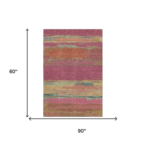 5' X 8' Blush Orange And Teal Abstract Washable Area Rug With UV Protection