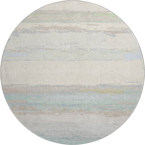 8' X 8' Ivory Mint Green And Teal Abstract Washable Round Rug With UV Protection
