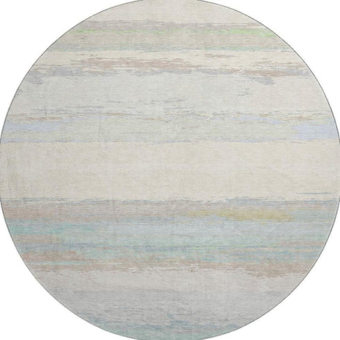 8' X 8' Ivory Mint Green And Teal Abstract Washable Round Rug With UV Protection