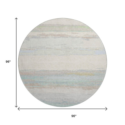 8' X 8' Ivory Mint Green And Teal Abstract Washable Round Rug With UV Protection