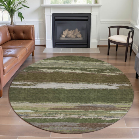8' X 8' Olive Green Silver And Brown Abstract Washable Round Rug With UV Protection