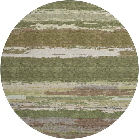 8' X 8' Olive Green Silver And Brown Abstract Washable Round Rug With UV Protection