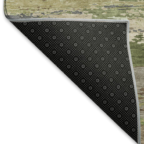 8' X 8' Olive Green Silver And Brown Abstract Washable Round Rug With UV Protection