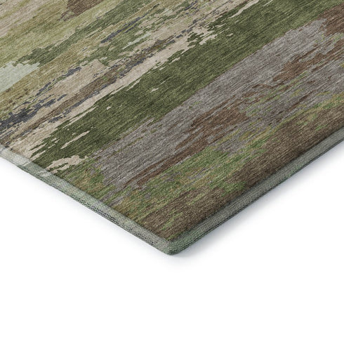8' X 8' Olive Green Silver And Brown Abstract Washable Round Rug With UV Protection
