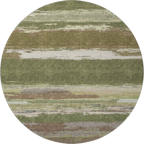 8' X 8' Olive Green Silver And Brown Abstract Washable Round Rug With UV Protection