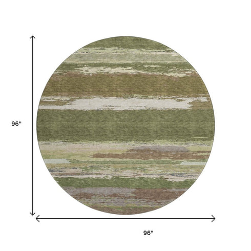 8' X 8' Olive Green Silver And Brown Abstract Washable Round Rug With UV Protection