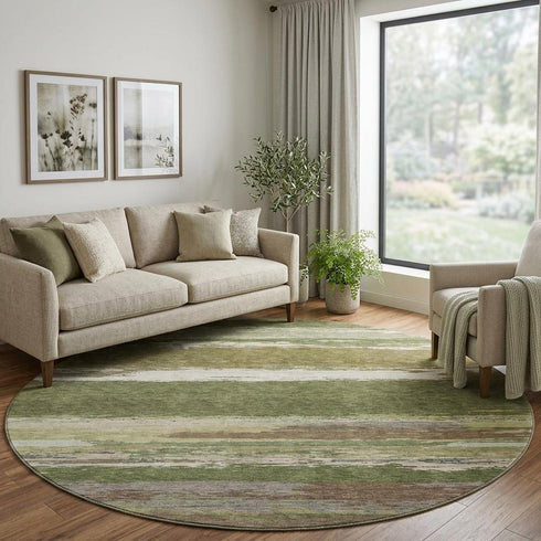 8' X 8' Olive Green Silver And Brown Abstract Washable Round Rug With UV Protection