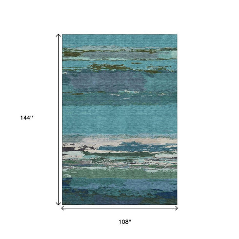 9' X 12' Teal Green And Ivory Abstract Washable Area Rug With UV Protection