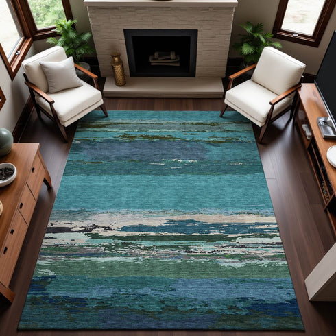 9' X 12' Teal Green And Ivory Abstract Washable Area Rug With UV Protection