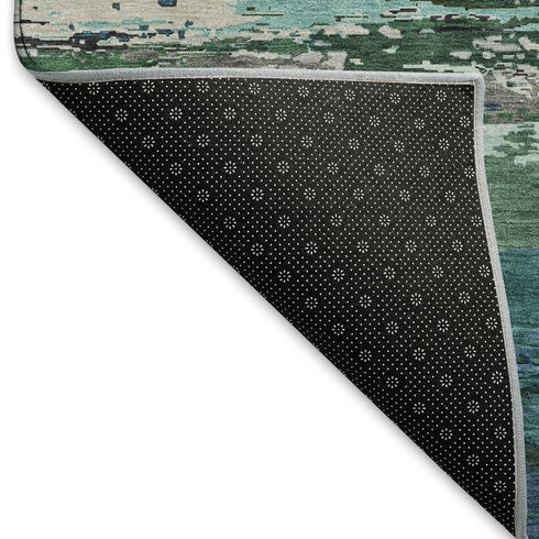 9' X 12' Teal Green And Ivory Abstract Washable Area Rug With UV Protection