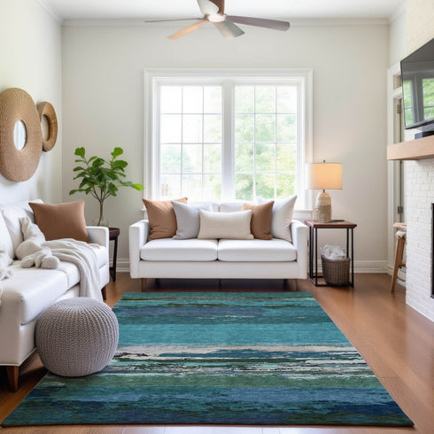 9' X 12' Teal Green And Ivory Abstract Washable Area Rug With UV Protection