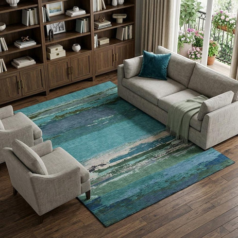 9' X 12' Teal Green And Ivory Abstract Washable Area Rug With UV Protection