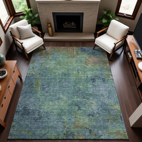 8' Blue Green And Beige Abstract Washable Area Rug With UV Protection