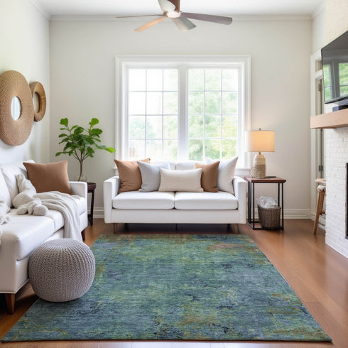 8' Blue Green And Beige Abstract Washable Area Rug With UV Protection