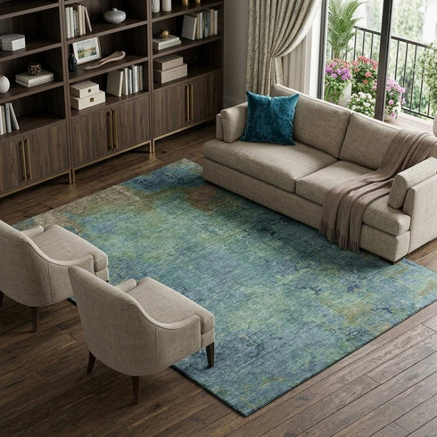 8' Blue Green And Beige Abstract Washable Area Rug With UV Protection