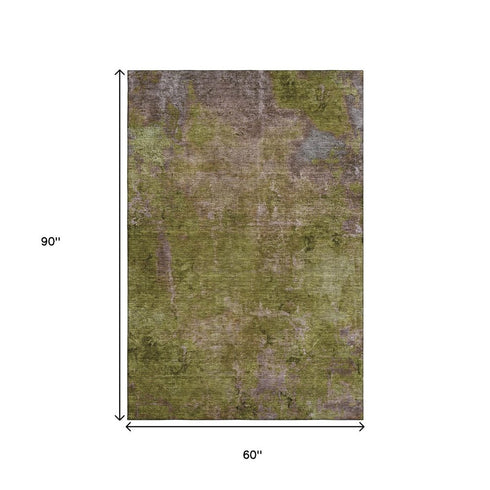 5' X 8' Green Brown And Beige Abstract Washable Area Rug With UV Protection