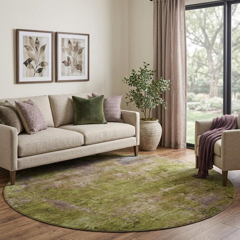 8' X 8' Green Brown And Beige Abstract Washable Round Rug With UV Protection