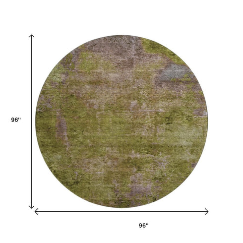 8' X 8' Green Brown And Beige Abstract Washable Round Rug With UV Protection
