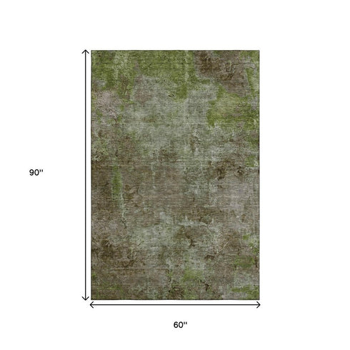 5' X 8' Coffee Green And Taupe Abstract Washable Area Rug With UV Protection