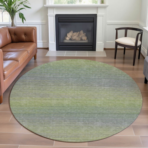 8' X 8' Artichoke Green And Gray Striped Washable Round Rug With UV Protection