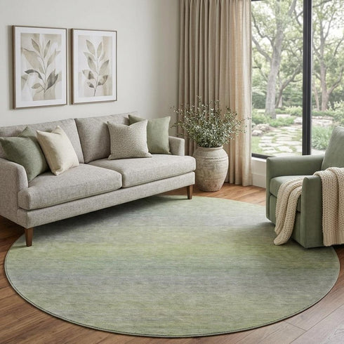 8' X 8' Artichoke Green And Gray Striped Washable Round Rug With UV Protection