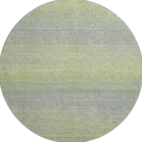 8' X 8' Artichoke Green And Gray Striped Washable Round Rug With UV Protection