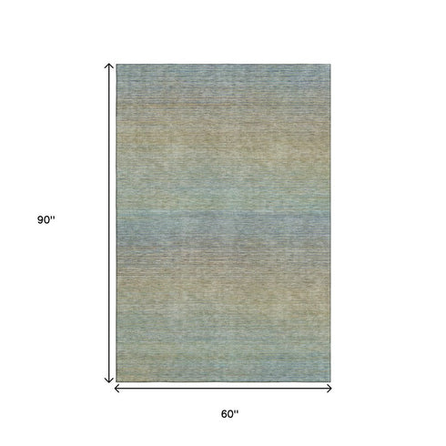 5' X 8' Blue Beige And Taupe Striped Washable Area Rug With UV Protection