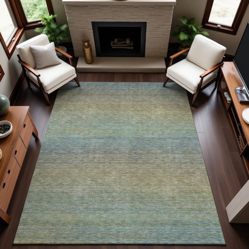 9' X 12' Blue Beige And Taupe Striped Washable Area Rug With UV Protection