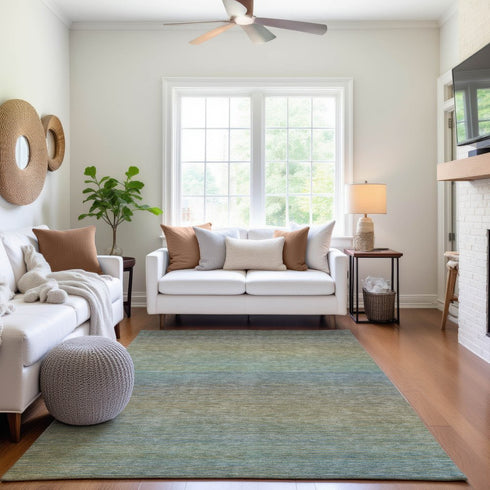 9' X 12' Blue Beige And Taupe Striped Washable Area Rug With UV Protection