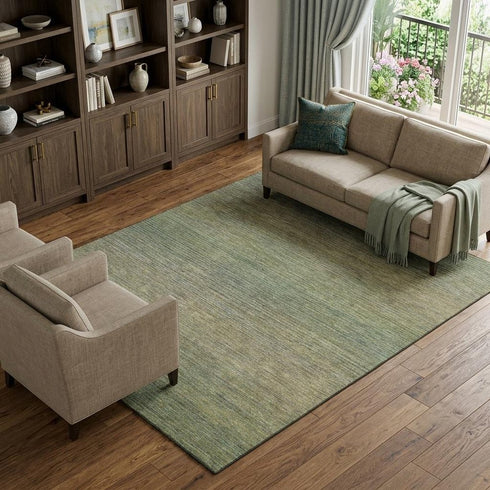 9' X 12' Fern Green And Blue Striped Washable Area Rug With UV Protection
