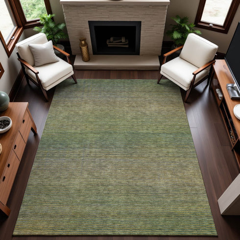 9' X 12' Fern Green And Blue Striped Washable Area Rug With UV Protection