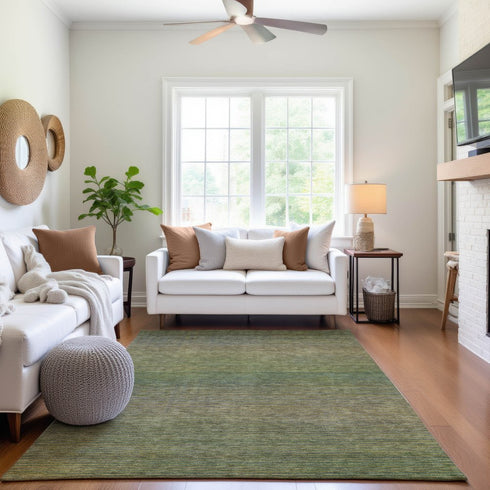 9' X 12' Fern Green And Blue Striped Washable Area Rug With UV Protection