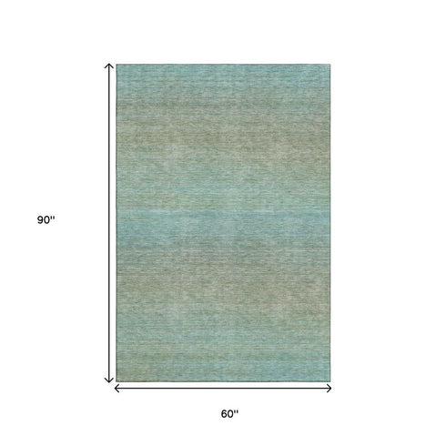 5' X 8' Teal And Taupe Striped Washable Area Rug With UV Protection