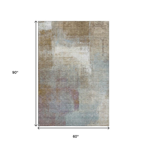 5' X 8' Coffee Ivory And Blue Abstract Washable Area Rug With UV Protection