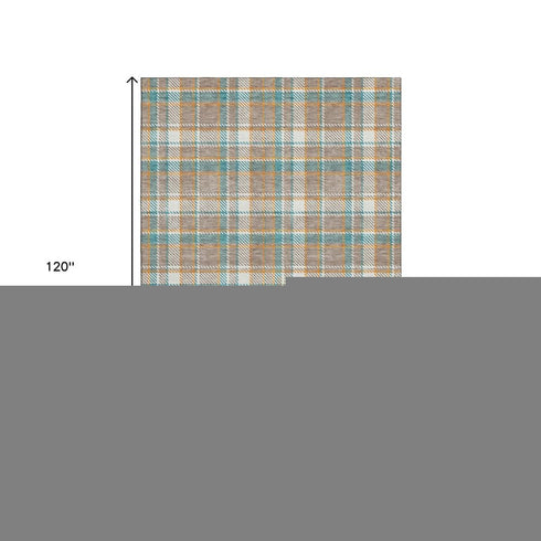 8' Taupe Ivory And Teal Plaid Washable Area Rug With UV Protection