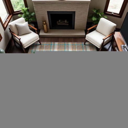 8' Taupe Ivory And Teal Plaid Washable Area Rug With UV Protection