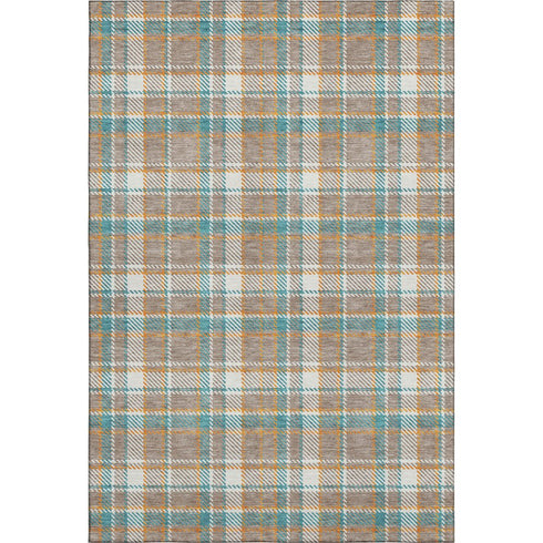 8' Taupe Ivory And Teal Plaid Washable Area Rug With UV Protection