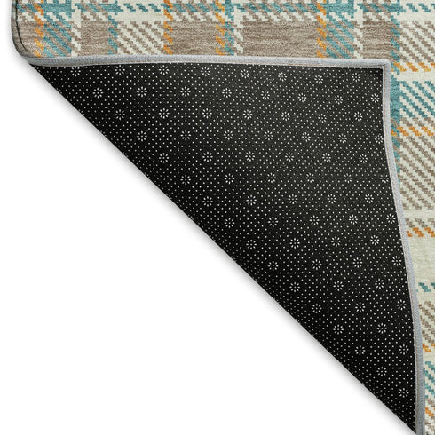 8' Taupe Ivory And Teal Plaid Washable Area Rug With UV Protection