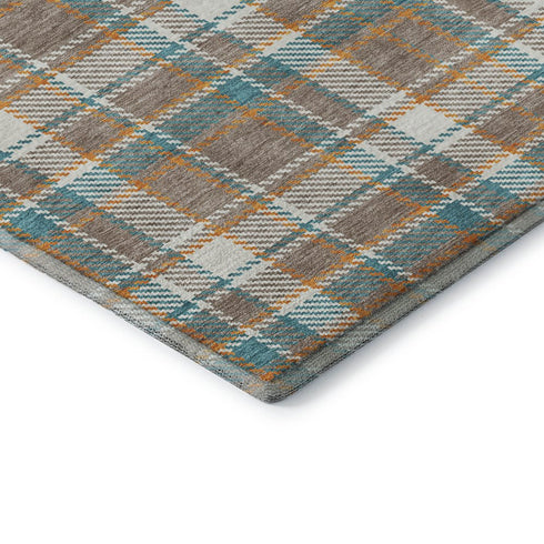 8' Taupe Ivory And Teal Plaid Washable Area Rug With UV Protection