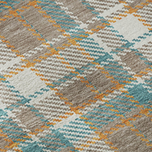8' Taupe Ivory And Teal Plaid Washable Area Rug With UV Protection