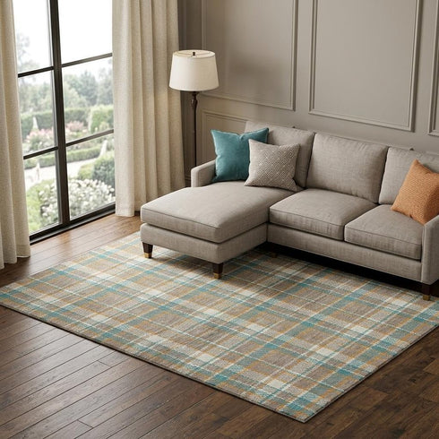 8' Taupe Ivory And Teal Plaid Washable Area Rug With UV Protection