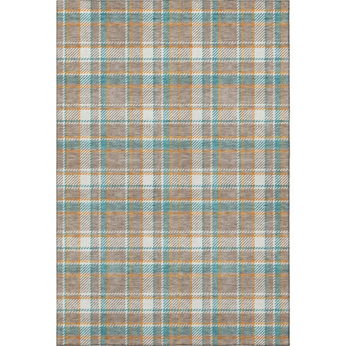 8' Taupe Ivory And Teal Plaid Washable Area Rug With UV Protection