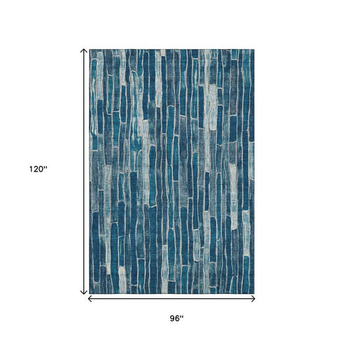 8' Blue And Ivory Striped Washable Area Rug With UV Protection